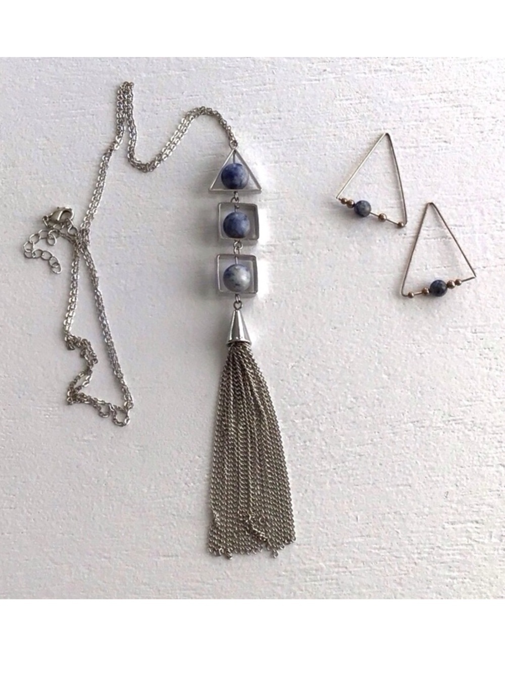 Geometric Tassel Necklace and Earrings With Sodalite Bead Accents
